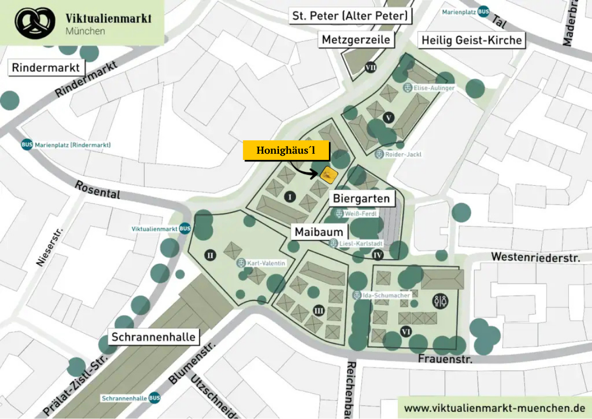 Lageplan des Viktualienmarkts mit dem Standort des Honighäus'l gegenüber vom Biergarten